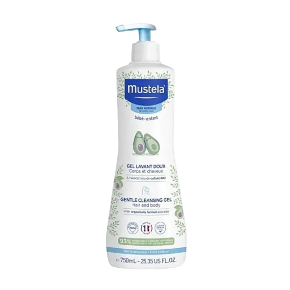 Mustela gentle cleansing gel bottle on a white background