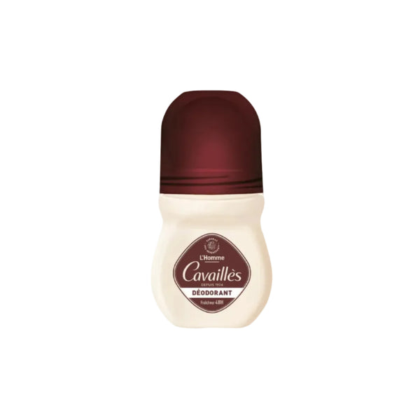 Roll-on deodorant bottle with a maroon cap and label on a white background