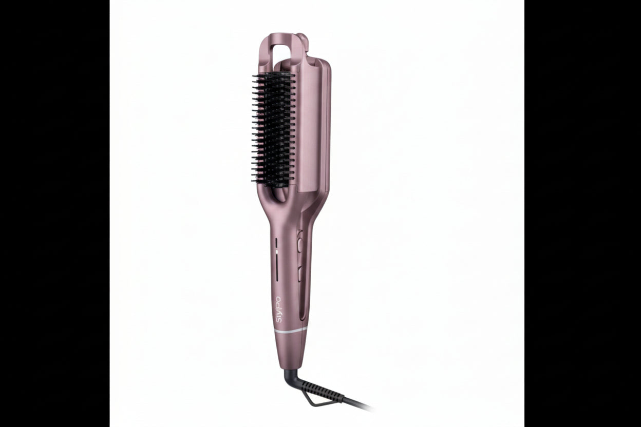Rose gold hair straightener with bristle brush on a white background