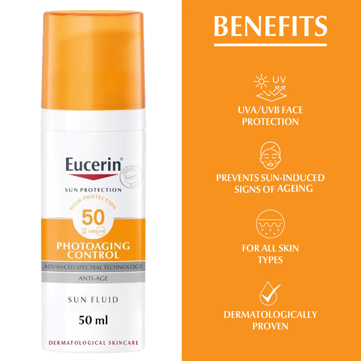 Eucerin sun protection product with benefits listed on an orange background