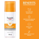 Eucerin sun protection product with benefits listed on an orange background