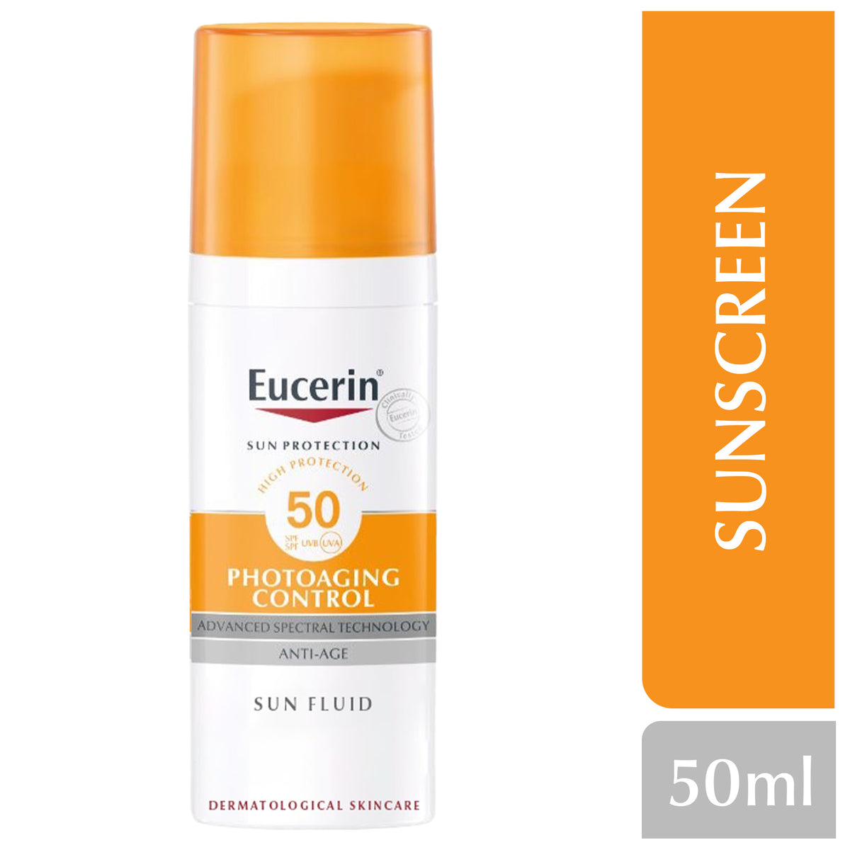 Eucerin sunscreen bottle with orange and white design on a white background