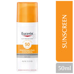 Eucerin sunscreen bottle with orange and white design on a white background