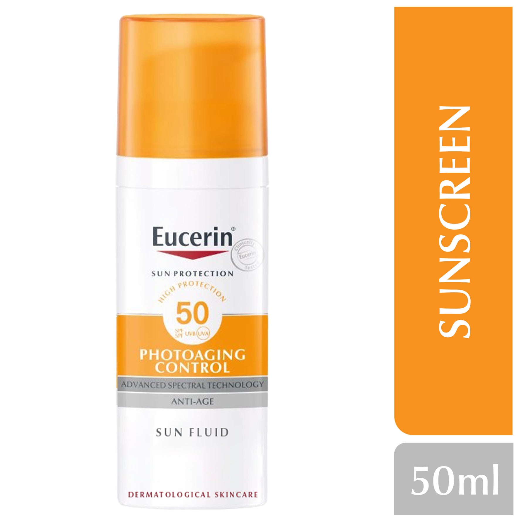 Eucerin sunscreen bottle with orange and white design on a white background