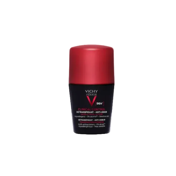 Vichy deodorant bottle with red cap on a white background