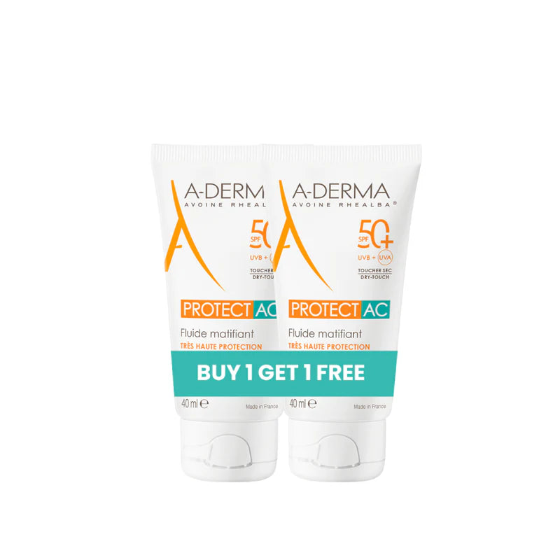 A-Derma Protect AC Mattifying Face Sunscreen Fluid SPF 50+ for acne-prone skin with broad-spectrum UV protection and oil-control technology.