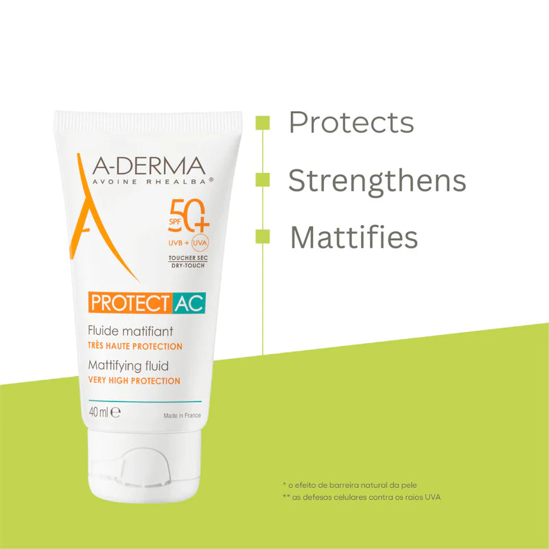 A-Derma Protect AC Mattifying Face Sunscreen Fluid SPF 50+ for acne-prone skin with broad-spectrum UV protection and oil-control technology.