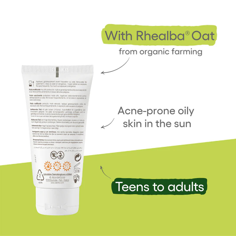 A-Derma Protect AC Mattifying Face Sunscreen Fluid SPF 50+ for acne-prone skin with broad-spectrum UV protection and oil-control technology.