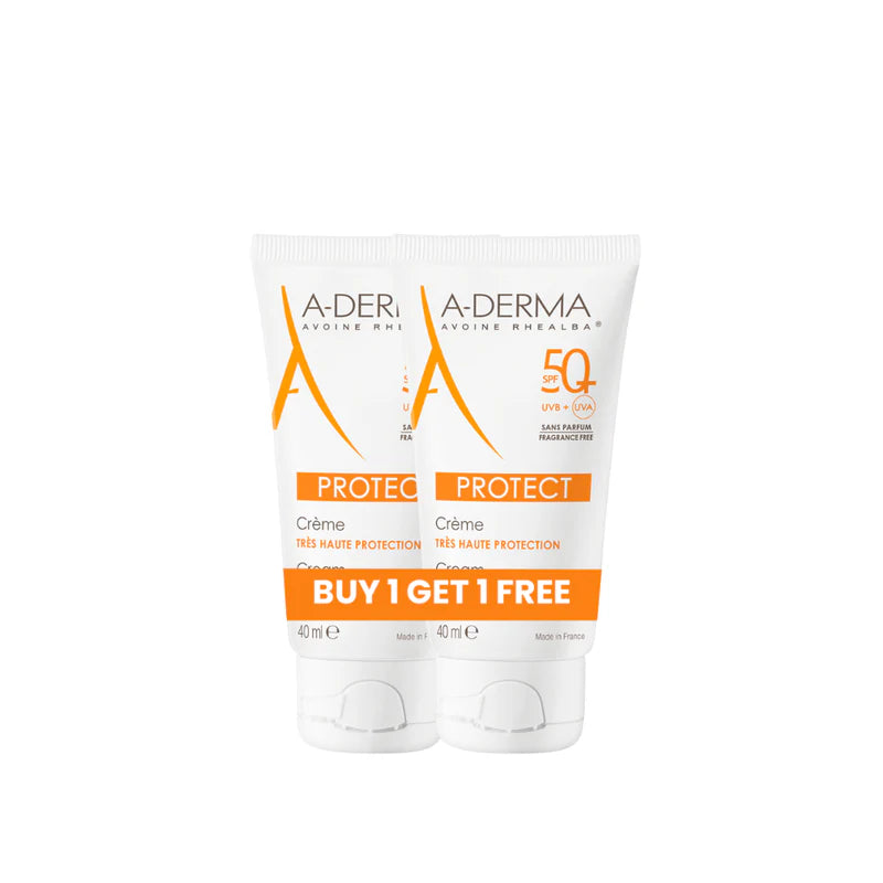 A-Derma Protect Fragrance-Free Face Sunscreen SPF 50+ for dry sensitive skin with broad-spectrum UV protection and nourishing texture.