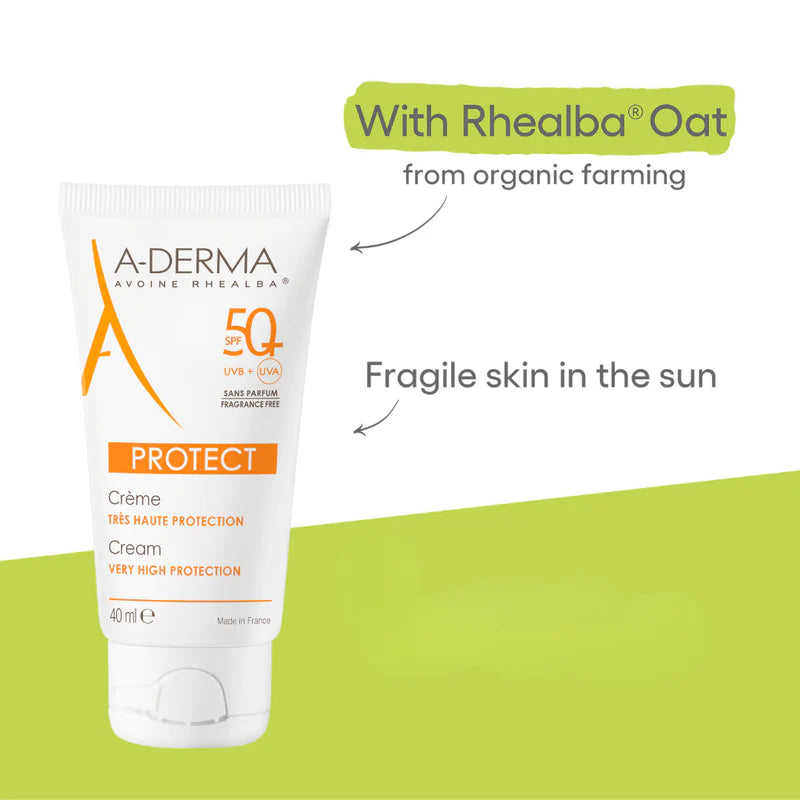 A-Derma Protect Fragrance-Free Face Sunscreen SPF 50+ for dry sensitive skin with broad-spectrum UV protection and nourishing texture.