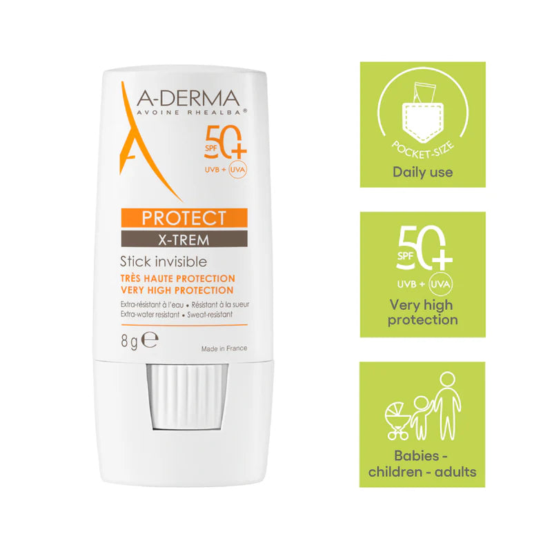 A-Derma Protect Invisible Sunscreen Stick SPF 50+ transparent sunscreen stick for sensitive skin, lips, scars, and sun-exposed areas.