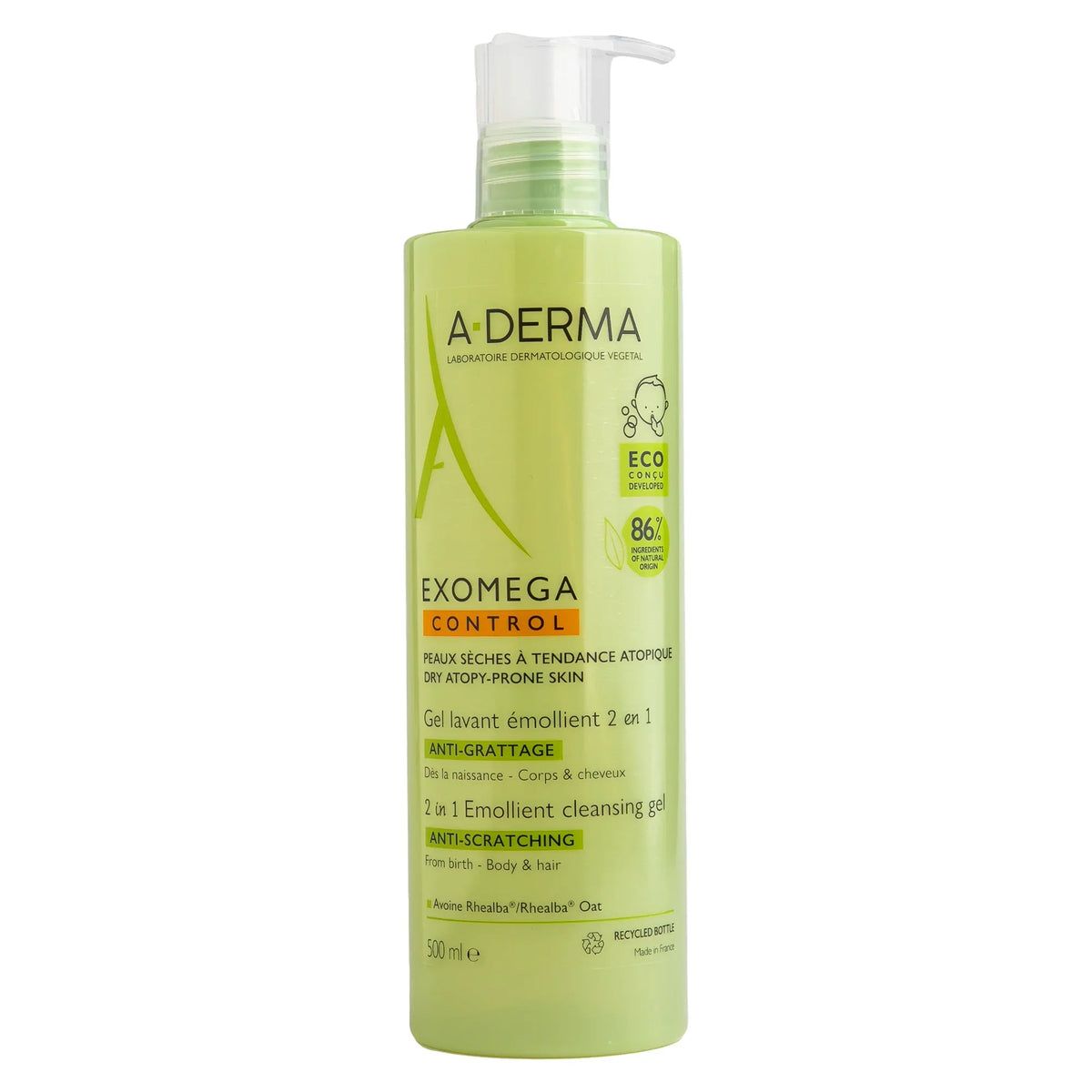 A-Derma Exomega Control 2-in-1 Emollient Anti-Itch Cleansing Gel for dry and atopic-prone skin with soothing and moisturizing care.