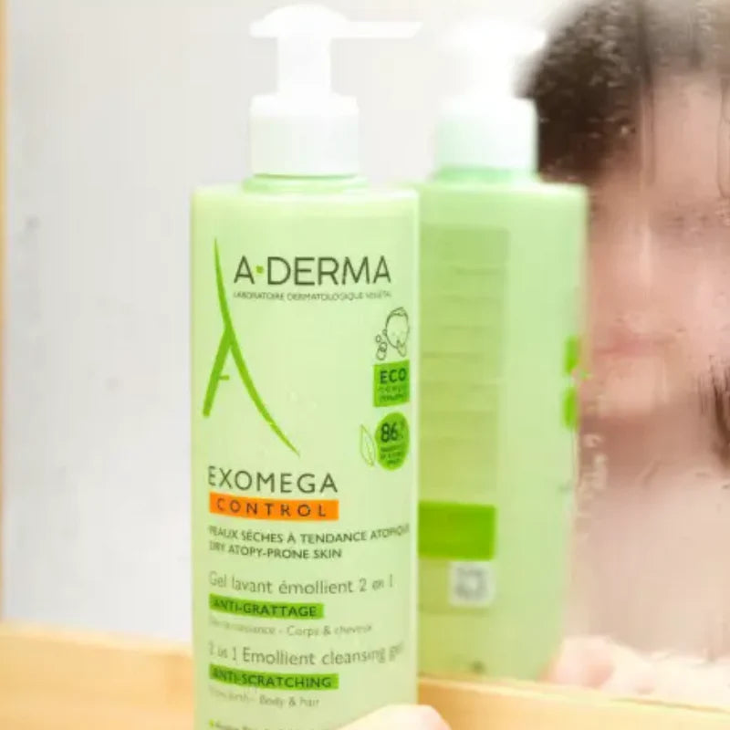 A-Derma Exomega Control 2-in-1 Emollient Anti-Itch Cleansing Gel for dry and atopic-prone skin with soothing and moisturizing care.