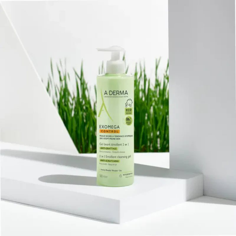 A-Derma Exomega Control 2-in-1 Emollient Anti-Itch Cleansing Gel for dry and atopic-prone skin with soothing and moisturizing care.