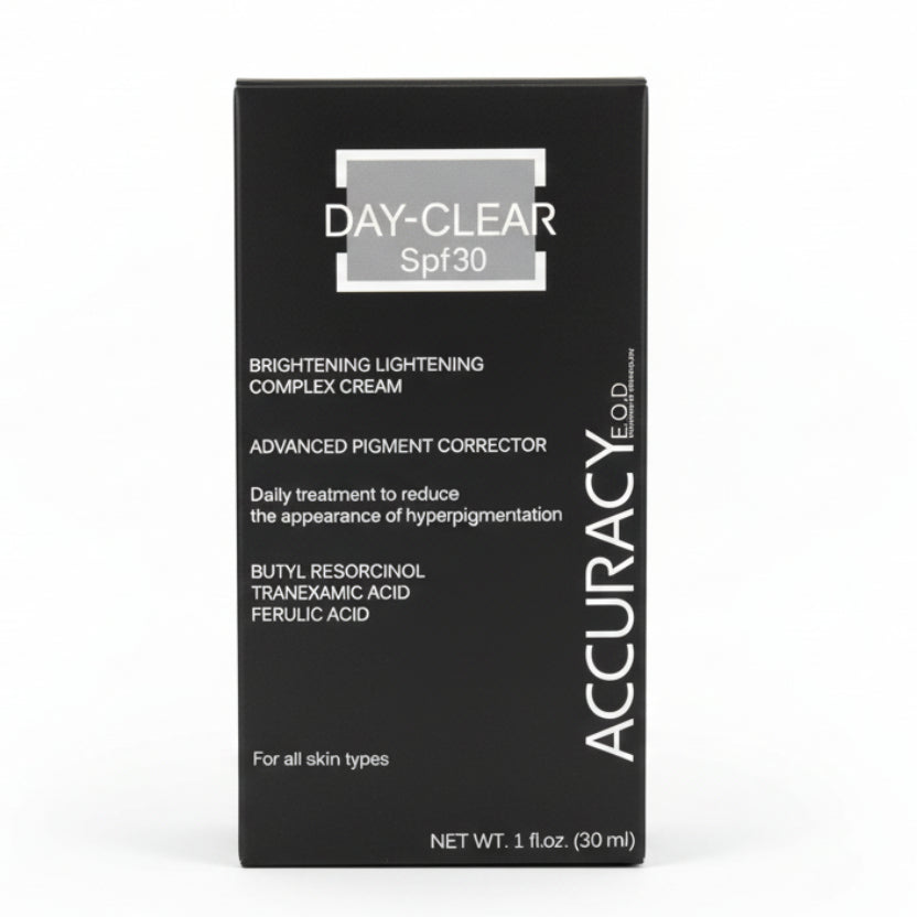 ACCURACY Day-Clear SPF30 brightening anti-pigmentation cream with Tranexamic Acid and SPF30 for dark spots, melasma, and uneven skin tone.