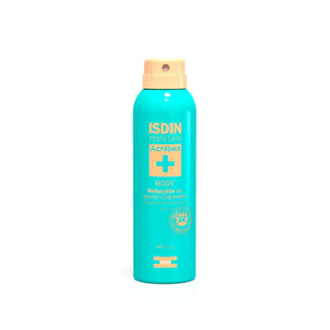 Isdin sun spray bottle on a white background