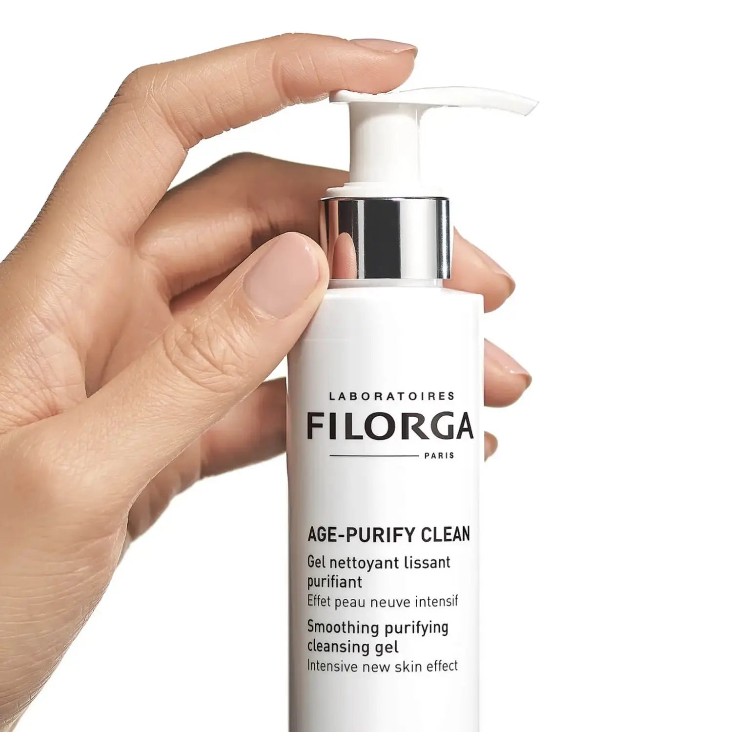 Hand holding a Filorga AGE-PURIFYCLEAN on a white background