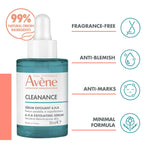 Avène Cleanance AHA Exfoliating Serum 30ml bottle designed for acne-prone skin, gentle exfoliating serum for smoothing texture and reducing blemishes