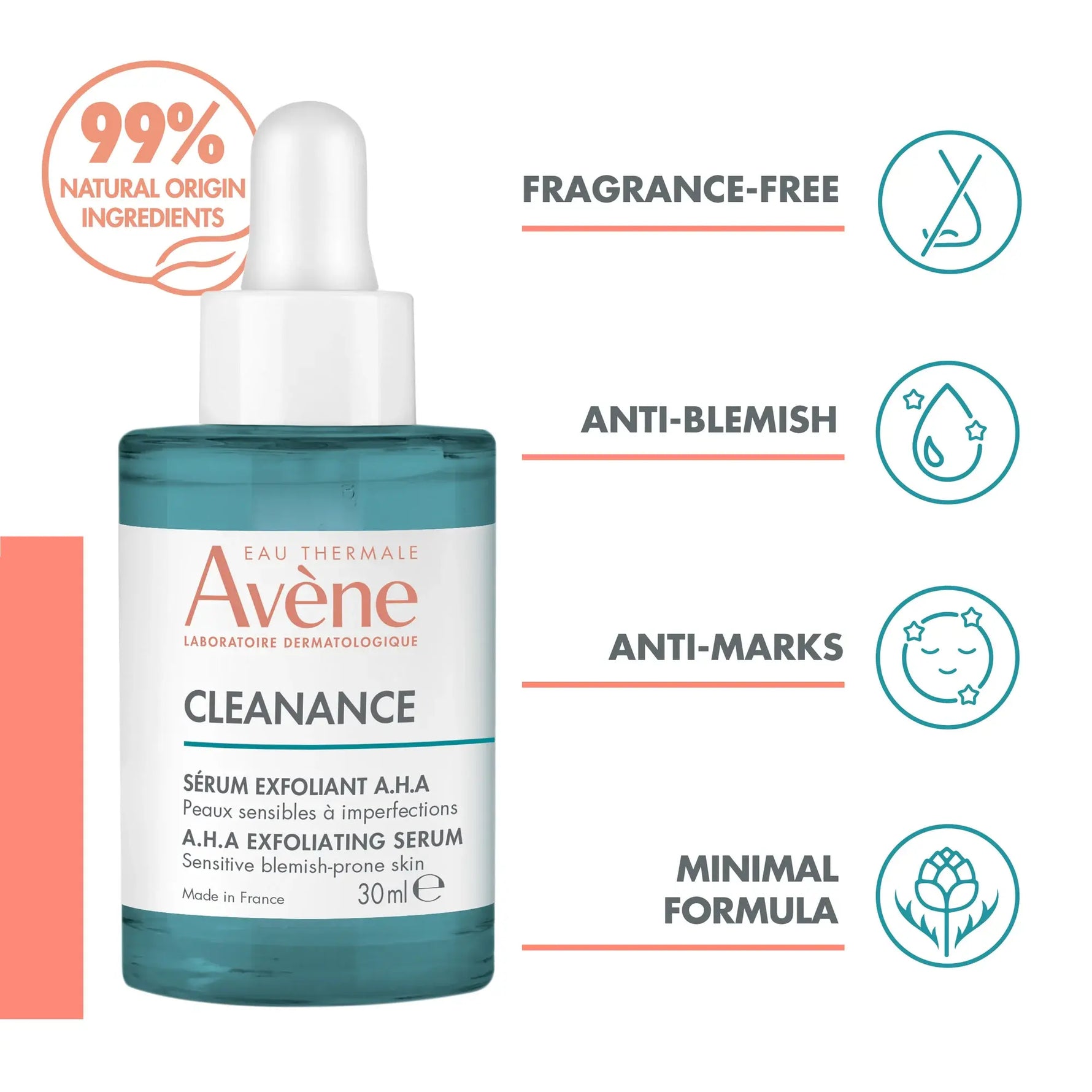 Avène Cleanance AHA Exfoliating Serum 30ml bottle designed for acne-prone skin, gentle exfoliating serum for smoothing texture and reducing blemishes