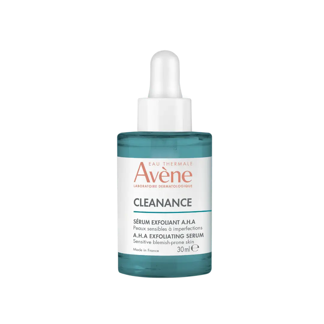 Avène Cleanance AHA Exfoliating Serum 30ml bottle designed for acne-prone skin, gentle exfoliating serum for smoothing texture and reducing blemishes