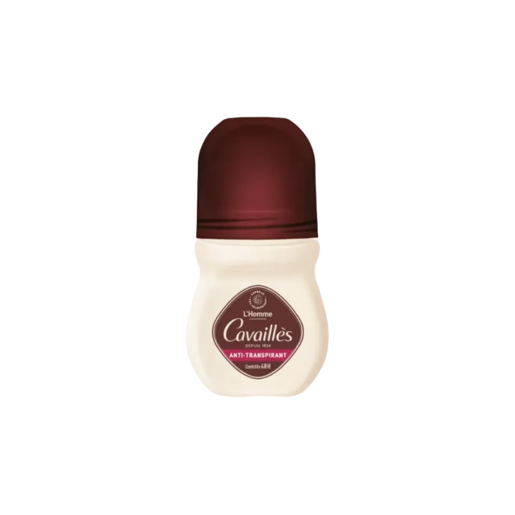 Deodorant bottle with maroon cap and beige body on a white background