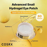 COSRX Advanced Snail Hydrogel Eye Patch jar shown on a yellow gradient background with text highlighting benefits like nourishment, radiance, elasticity, soothing, and hydration, plus a badge for 60 patches.
