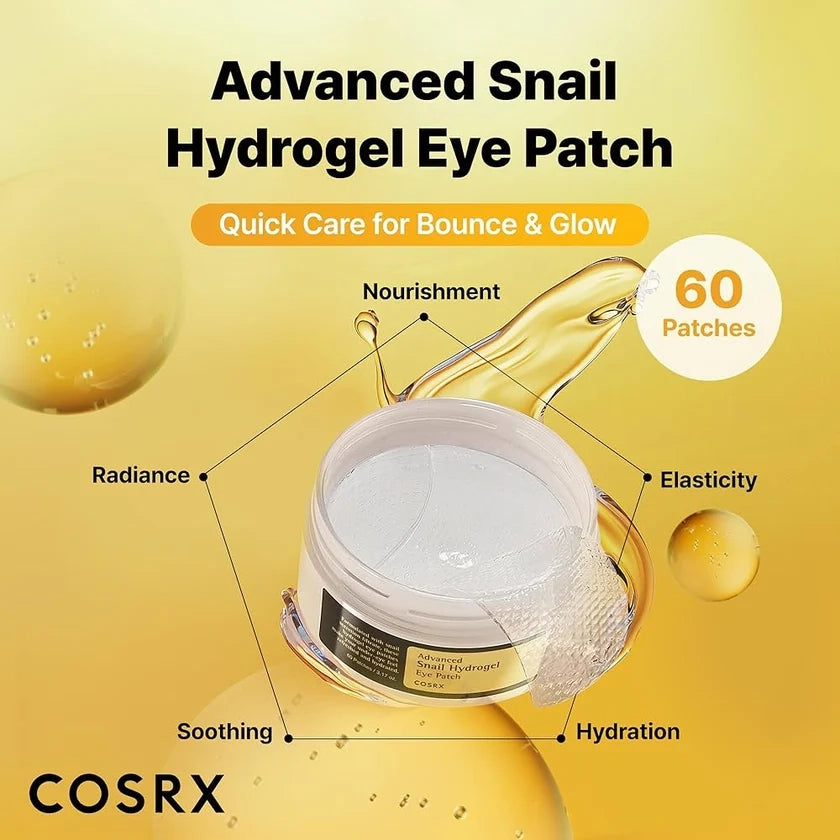 COSRX Advanced Snail Hydrogel Eye Patch jar shown on a yellow gradient background with text highlighting benefits like nourishment, radiance, elasticity, soothing, and hydration, plus a badge for 60 patches.