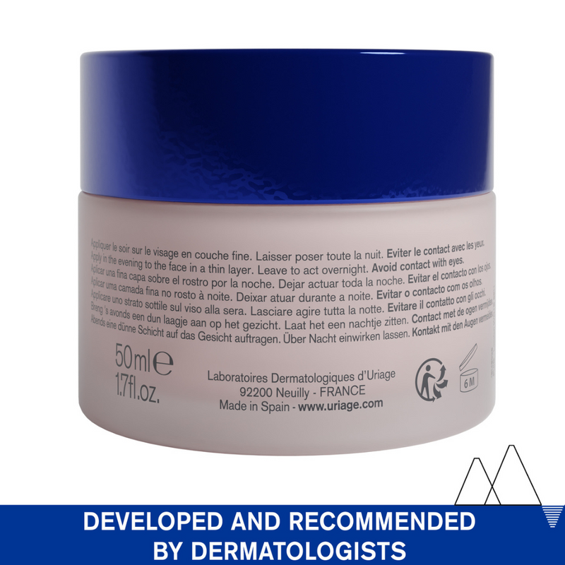 Cosmetic jar with blue lid and beige body on a white background, featuring text and branding.