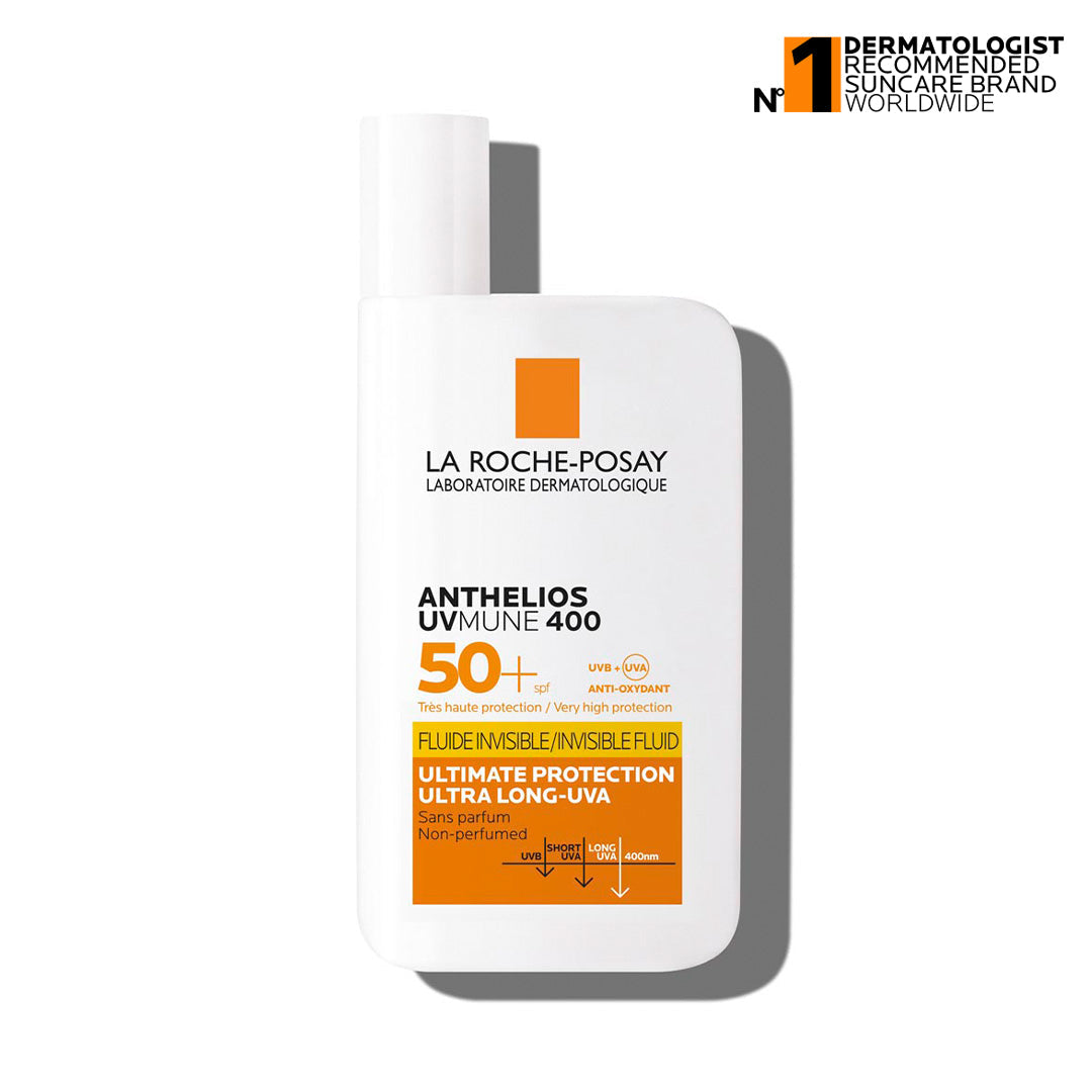 La Roche-Posay Anthelios UV Mune 400 sunscreen bottle on a white background