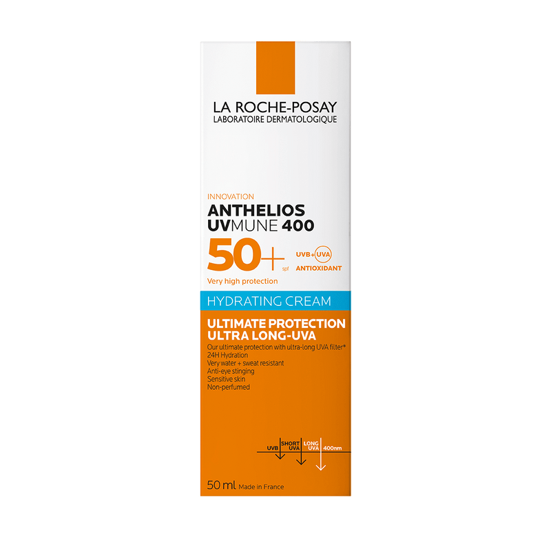 La Roche-Posay Anthelios UV Mune 400 sunscreen packaging on a green background
