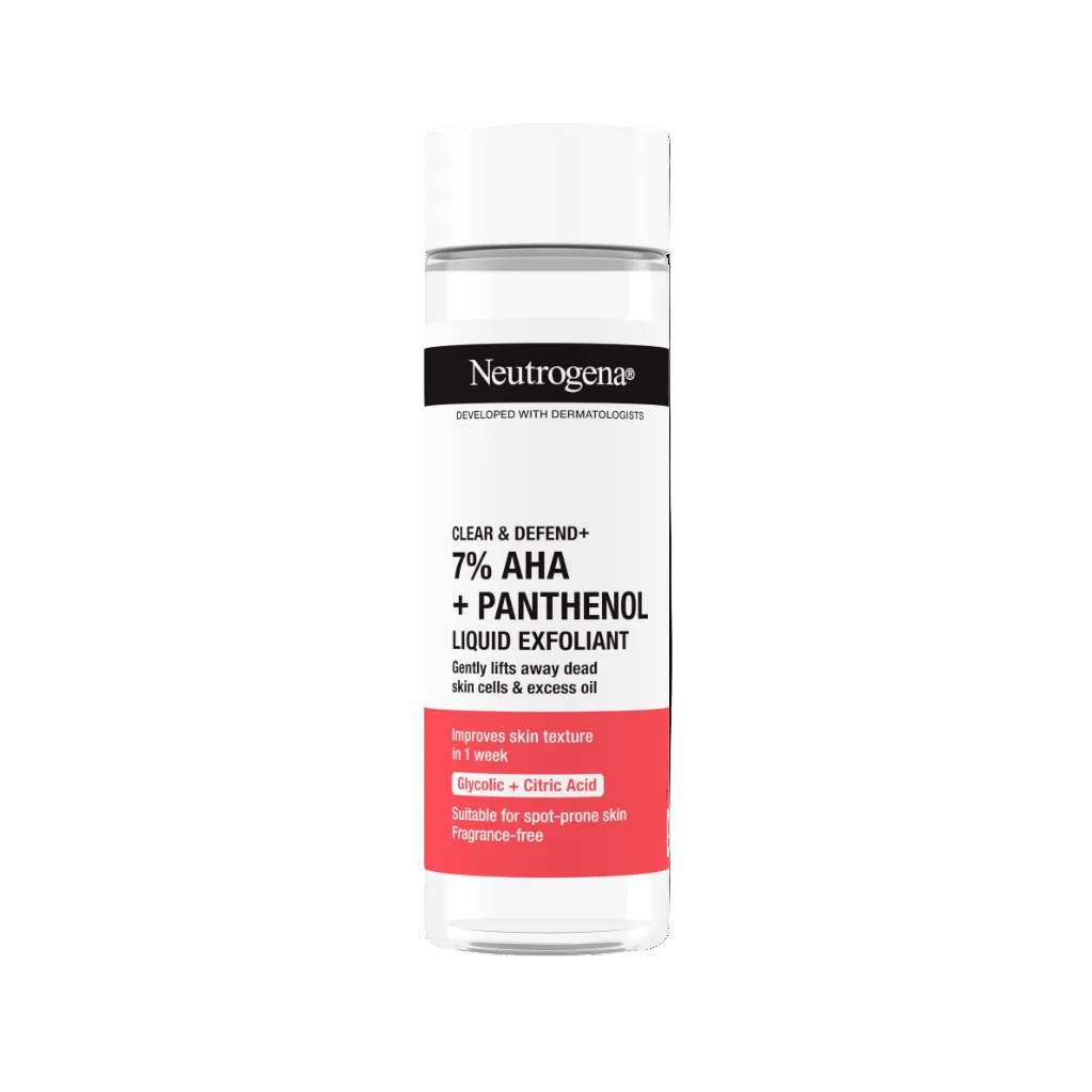 Neutrogena 7% AHA + Panthenol Liquid Exfoliant bottle on a white background
