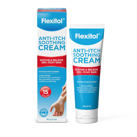 Flexitol Anti-Itch Soothing Cream packaging and tube on a white background