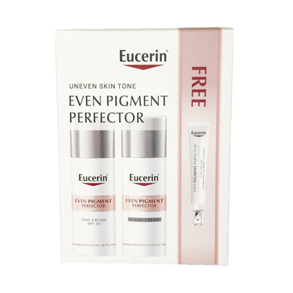 Eucerin Even Pigment Perfector skincare set with two bottles and a free sample on a white background