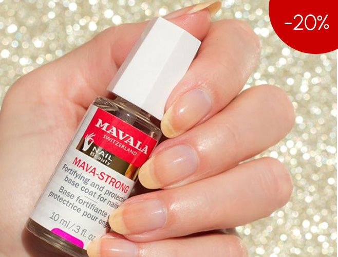 Hand holding a bottle of Mavala nail polish with a glittery background and discount label.