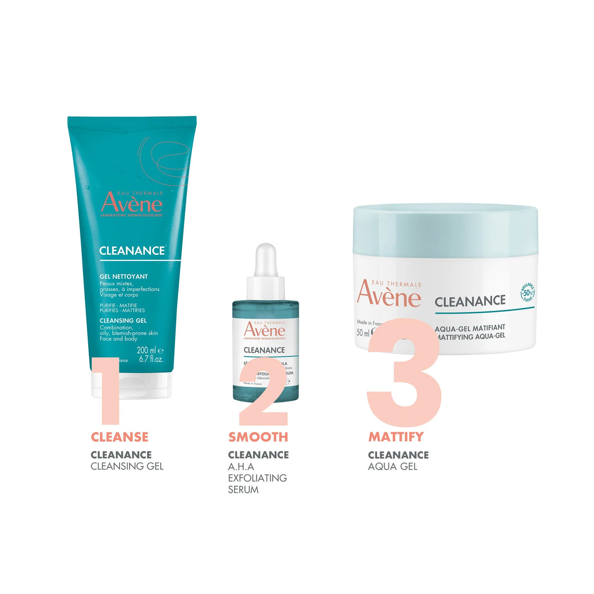 Avene skincare products including cleansing gel, serum, and aqua gel on a white background
