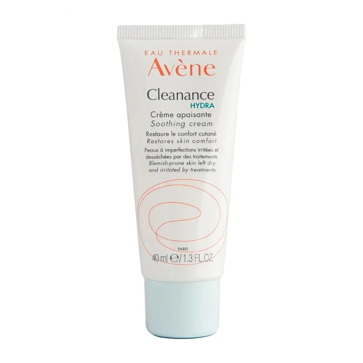 Avène Cleanance HYDRA Soothing Cream tube for acne-prone skin, barrier repair moisturizer that hydrates and soothes irritation caused by acne treatments.