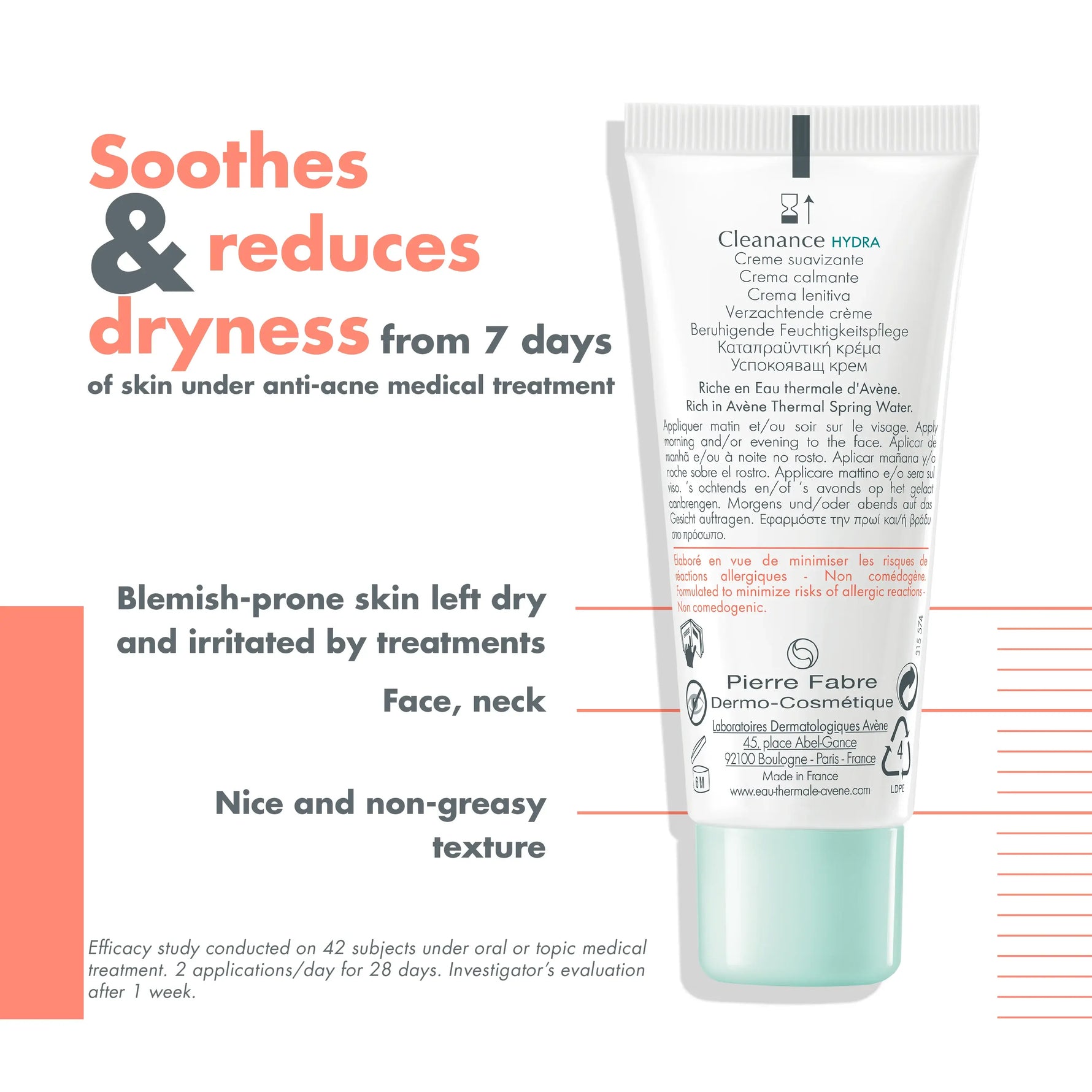 Avène Cleanance HYDRA Soothing Cream tube for acne-prone skin, barrier repair moisturizer that hydrates and soothes irritation caused by acne treatments.