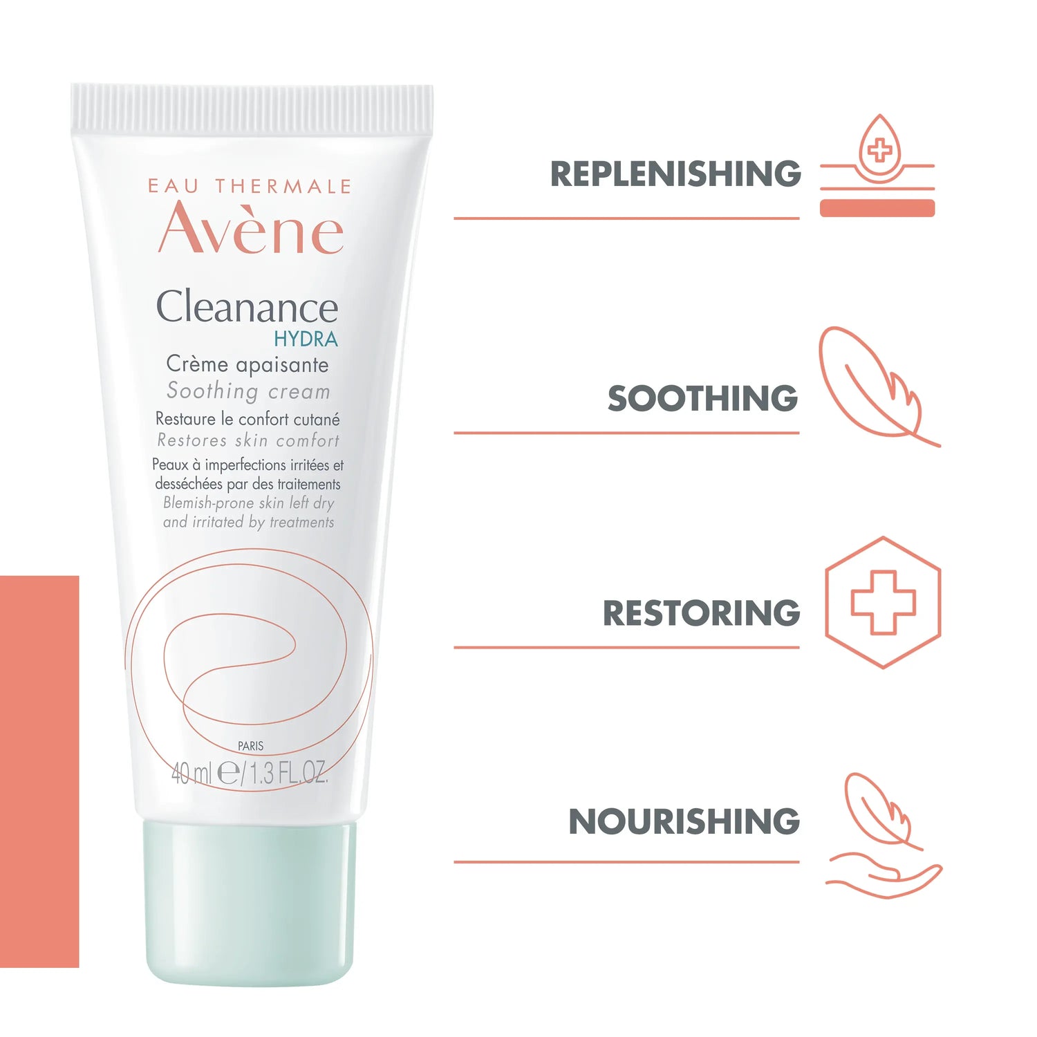 Avène Cleanance HYDRA Soothing Cream tube for acne-prone skin, barrier repair moisturizer that hydrates and soothes irritation caused by acne treatments.