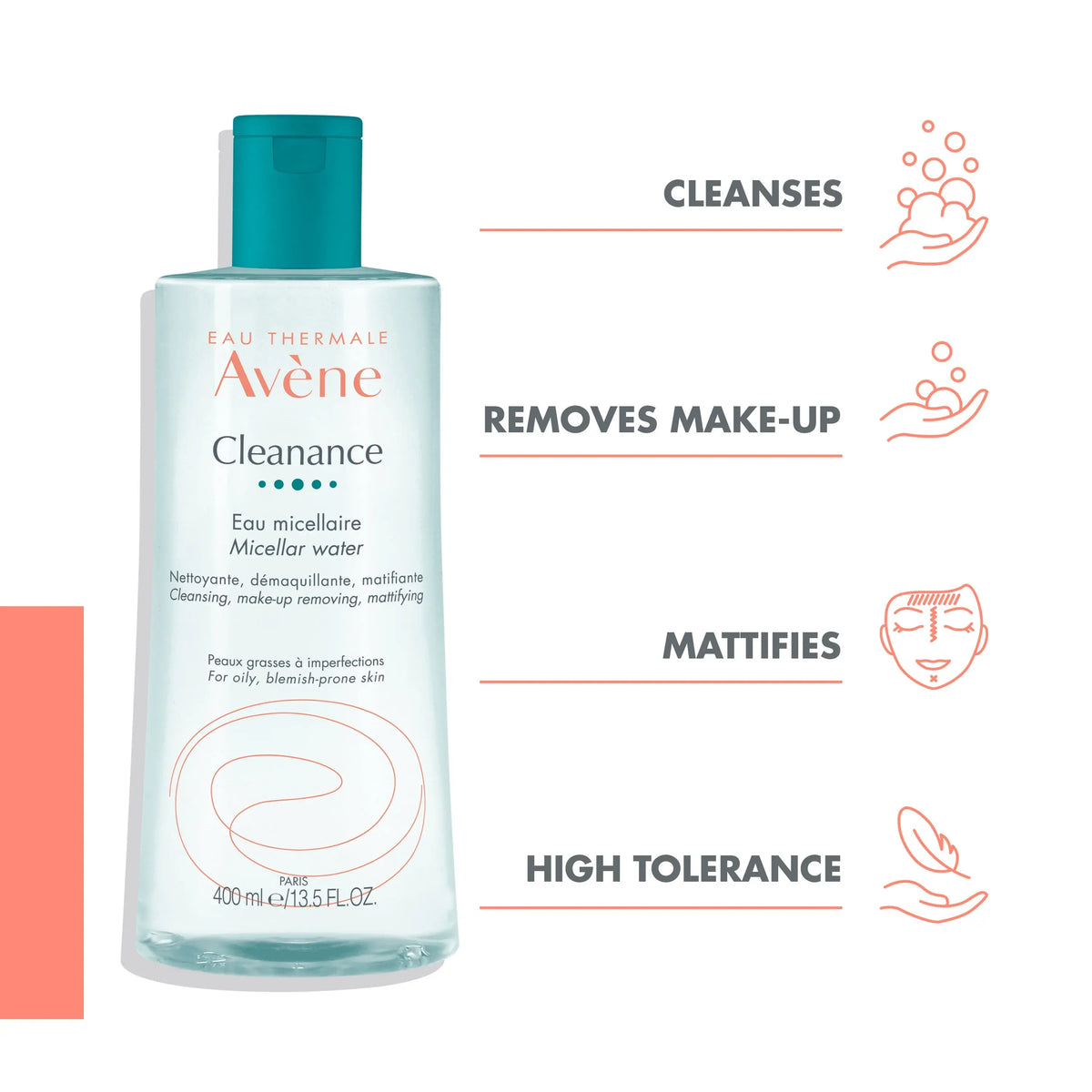 Avène Cleanance Micellar Water bottle on a clean white background, a gentle micellar cleansing water designed for oily and acne-prone skin that removes makeup, excess oil, and impurities while maintaining skin comfort.