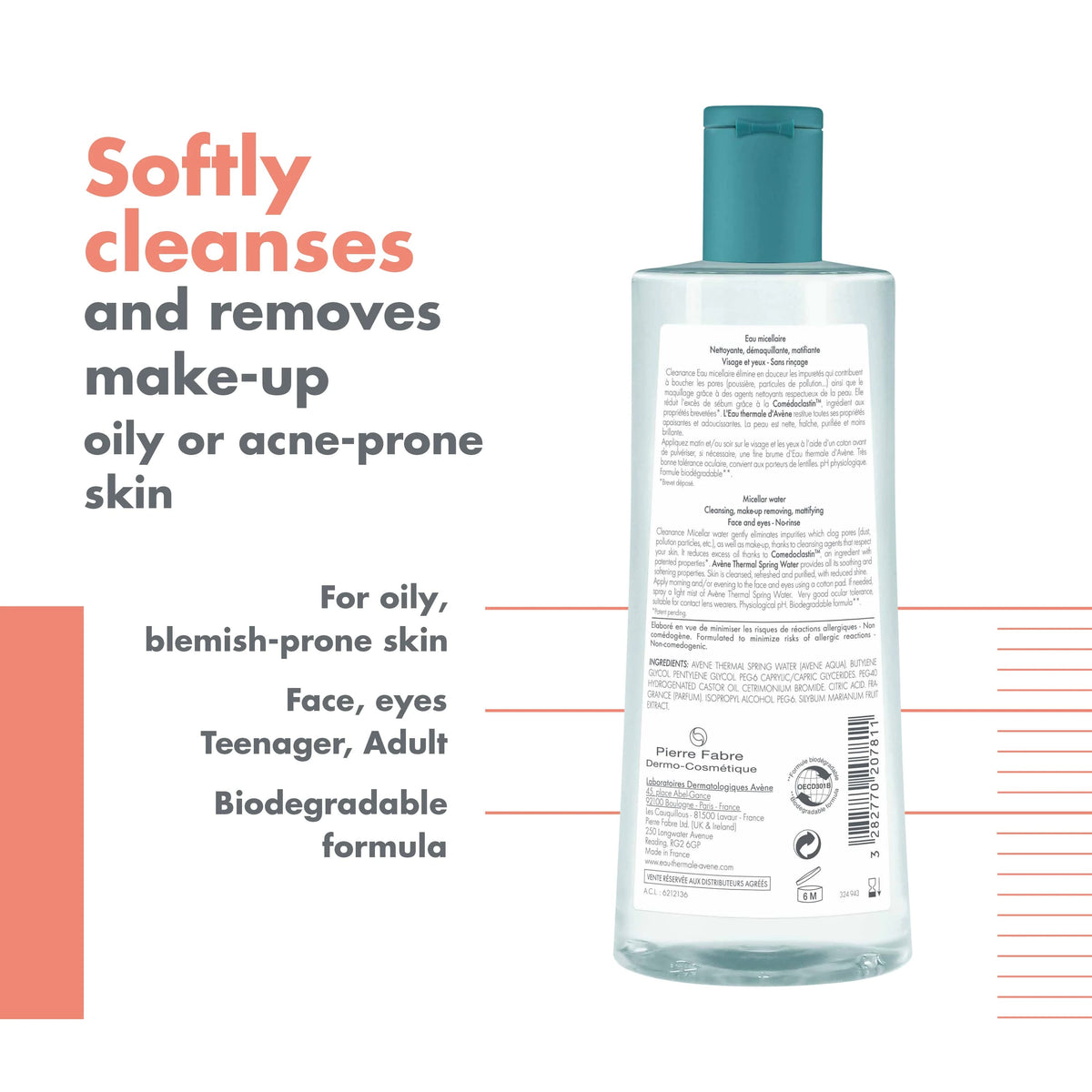 Avène Cleanance Micellar Water bottle on a clean white background, a gentle micellar cleansing water designed for oily and acne-prone skin that removes makeup, excess oil, and impurities while maintaining skin comfort.