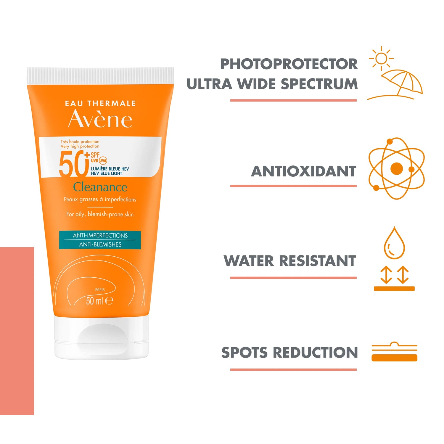 Oil-control sunscreen Avène Cleanance SPF 50+ for sensitive, blemish-prone skin texture and daily use