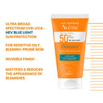 Oil-control sunscreen Avène Cleanance SPF 50+ for sensitive, blemish-prone skin texture and daily use