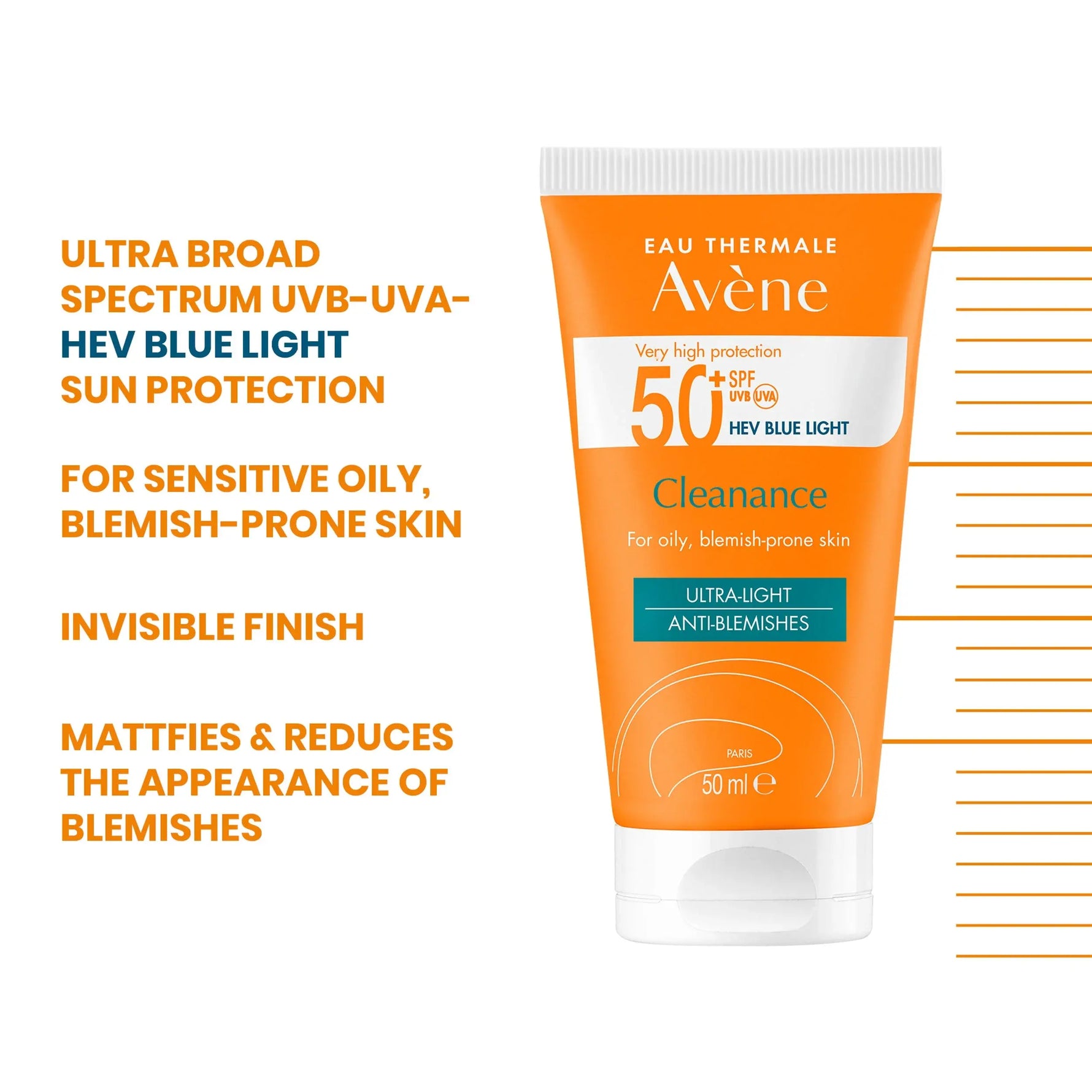 Oil-control sunscreen Avène Cleanance SPF 50+ for sensitive, blemish-prone skin texture and daily use