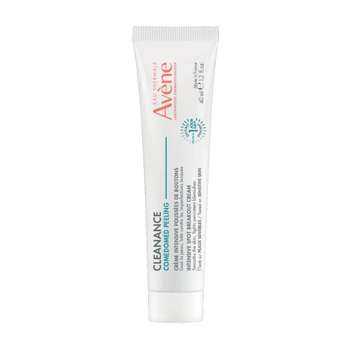 Avène Comedomed Peeling Intensive Breakouts Cream for acne-prone skin targeting breakouts, clogged pores, and uneven skin texture with exfoliating acne treatment formula.