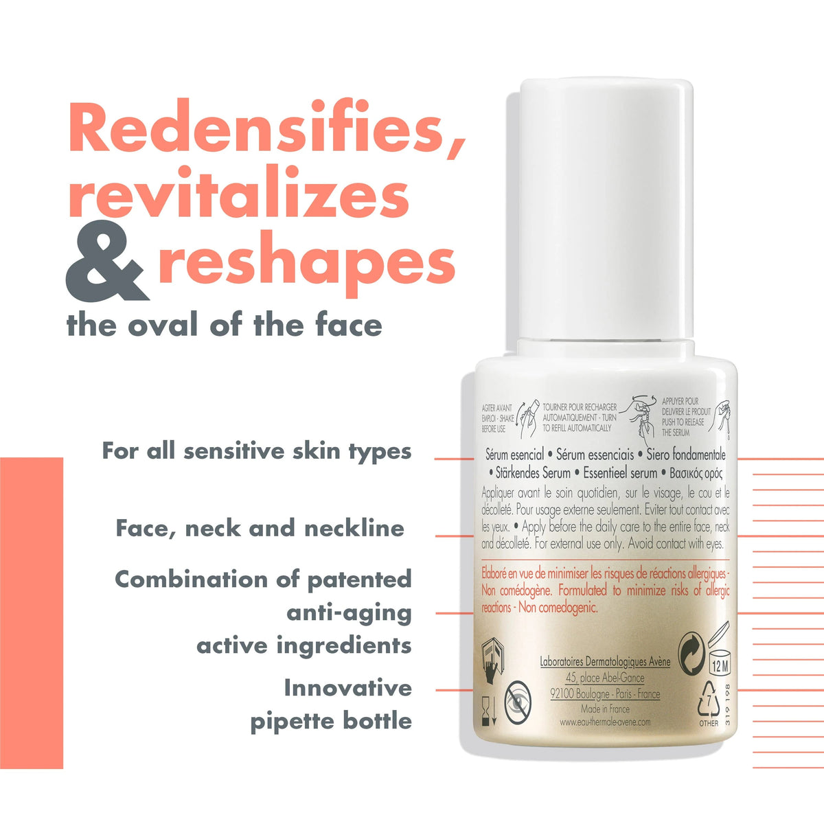 Avène DermAbsolu Recontouring Serum bottle, a lightweight anti-aging facial serum designed to support skin firmness, elasticity, and facial contour definition for mature and sensitive skin.