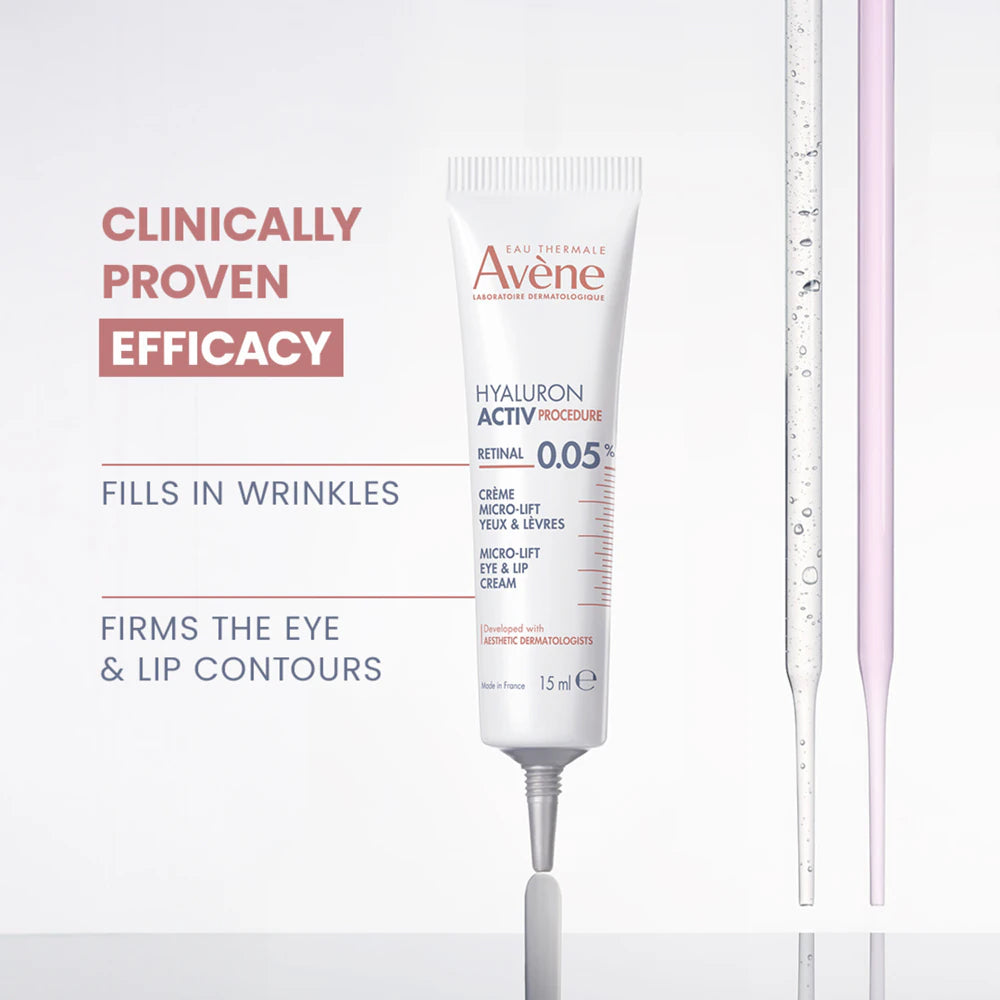 Avene Hyaluron Activ skincare tube with text highlighting efficacy on a white background
