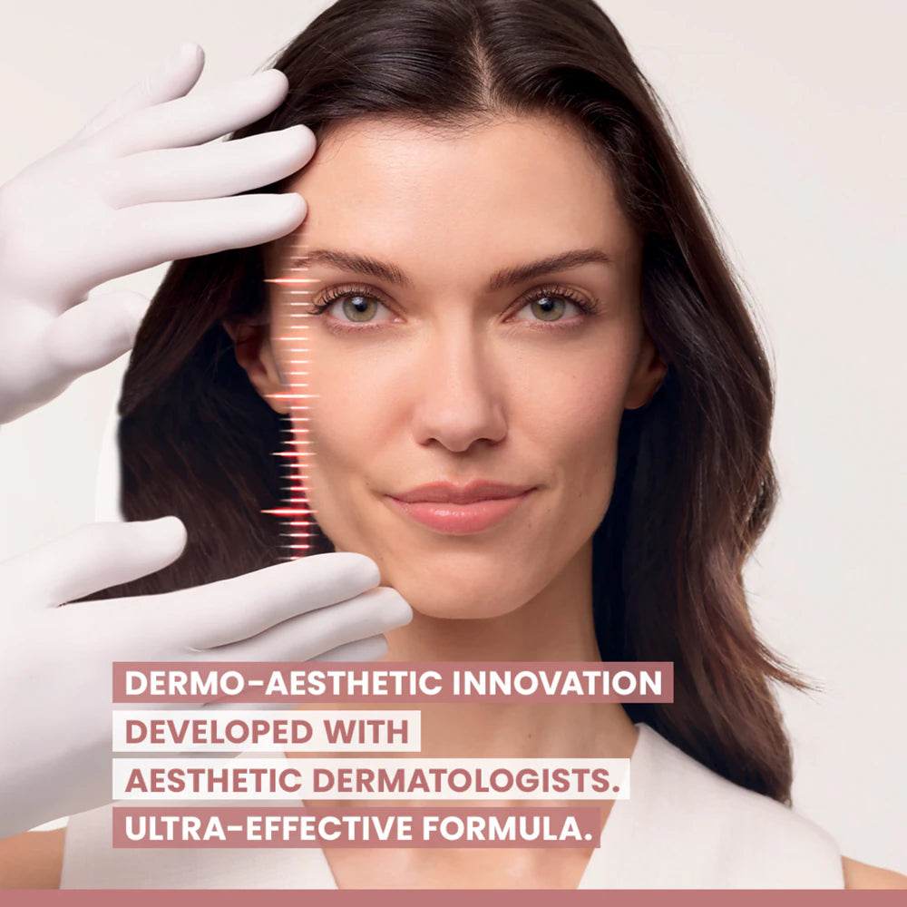 Woman with gloves touching her hair, promoting dermo-aesthetic innovation.