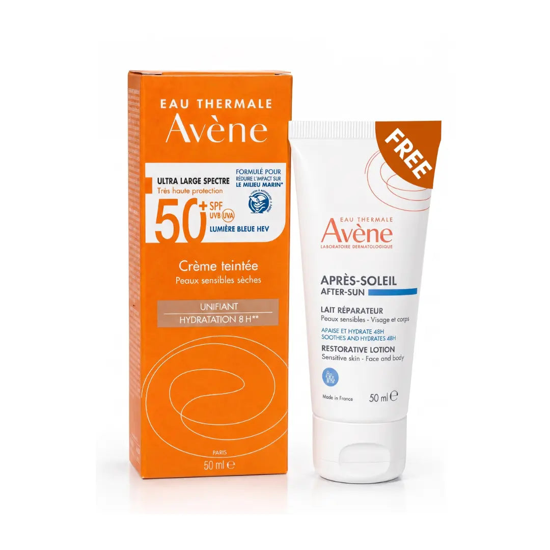 Avène Sunscreen Tinted Cream SPF 50+ with After Sun Repair Lotion set.