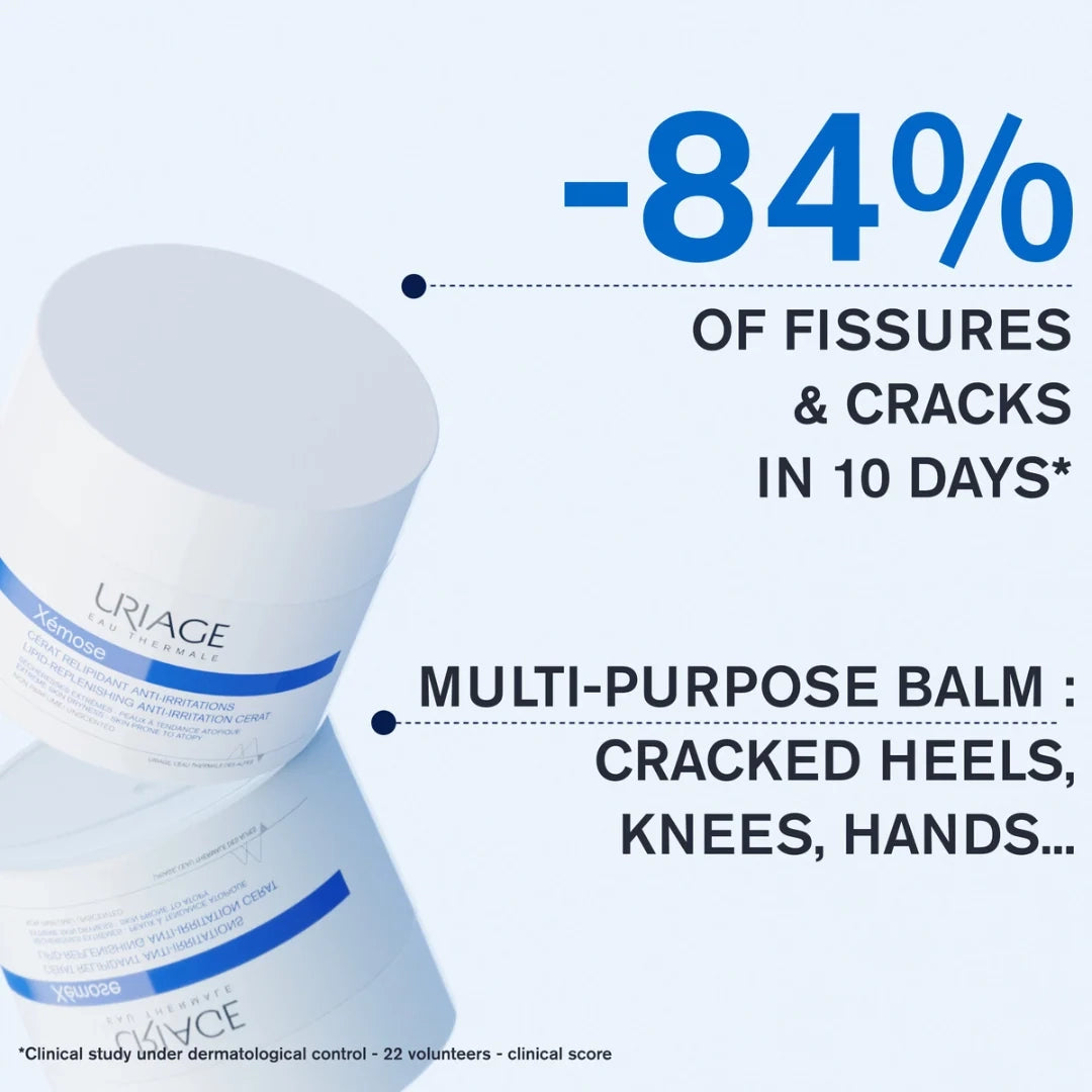 Uriage multi-purpose balm packaging with text about fissures and cracks reduction.