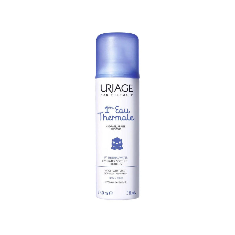 Uriage thermal water bottle with blue cap on a white background